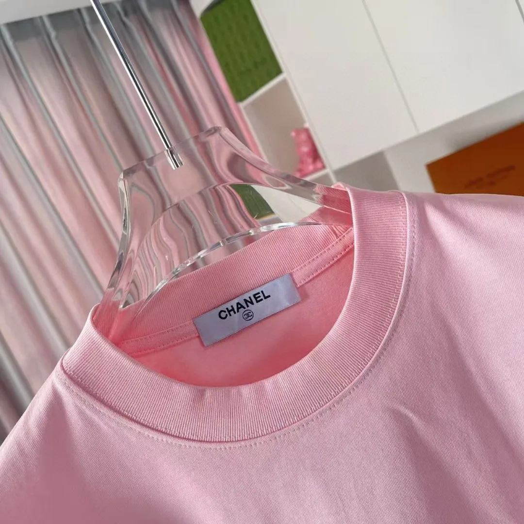 🅿️170 Chanel CHANEL2025 summer new style Double C letter logo printing short-sleeved T-shirt Customized fabric 300g Same style for men and women Size: S M L XL XXL five codes Color: black white pink lake green