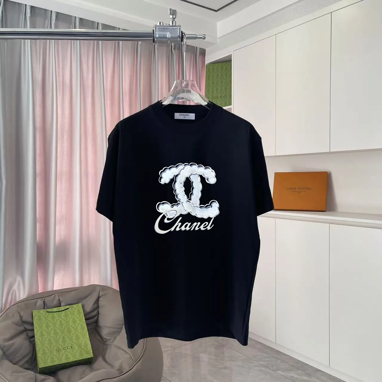 🅿️170 Chanel CHANEL 2025 summer new style Double C letter logo printing short-sleeved T-shirt Customized fabric 300g Same style for men and women Size: S M L XL XXL five sizes Color: black white lake green rose red