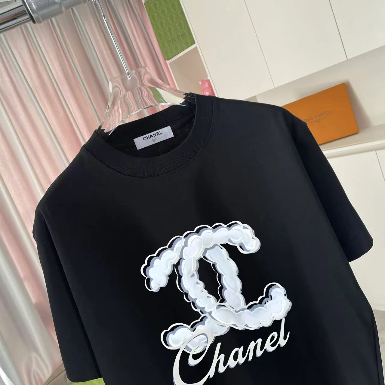 🅿️170 Chanel CHANEL 2025 summer new style Double C letter logo printing short-sleeved T-shirt Customized fabric 300g Same style for men and women Size: S M L XL XXL five sizes Color: black white lake green rose red