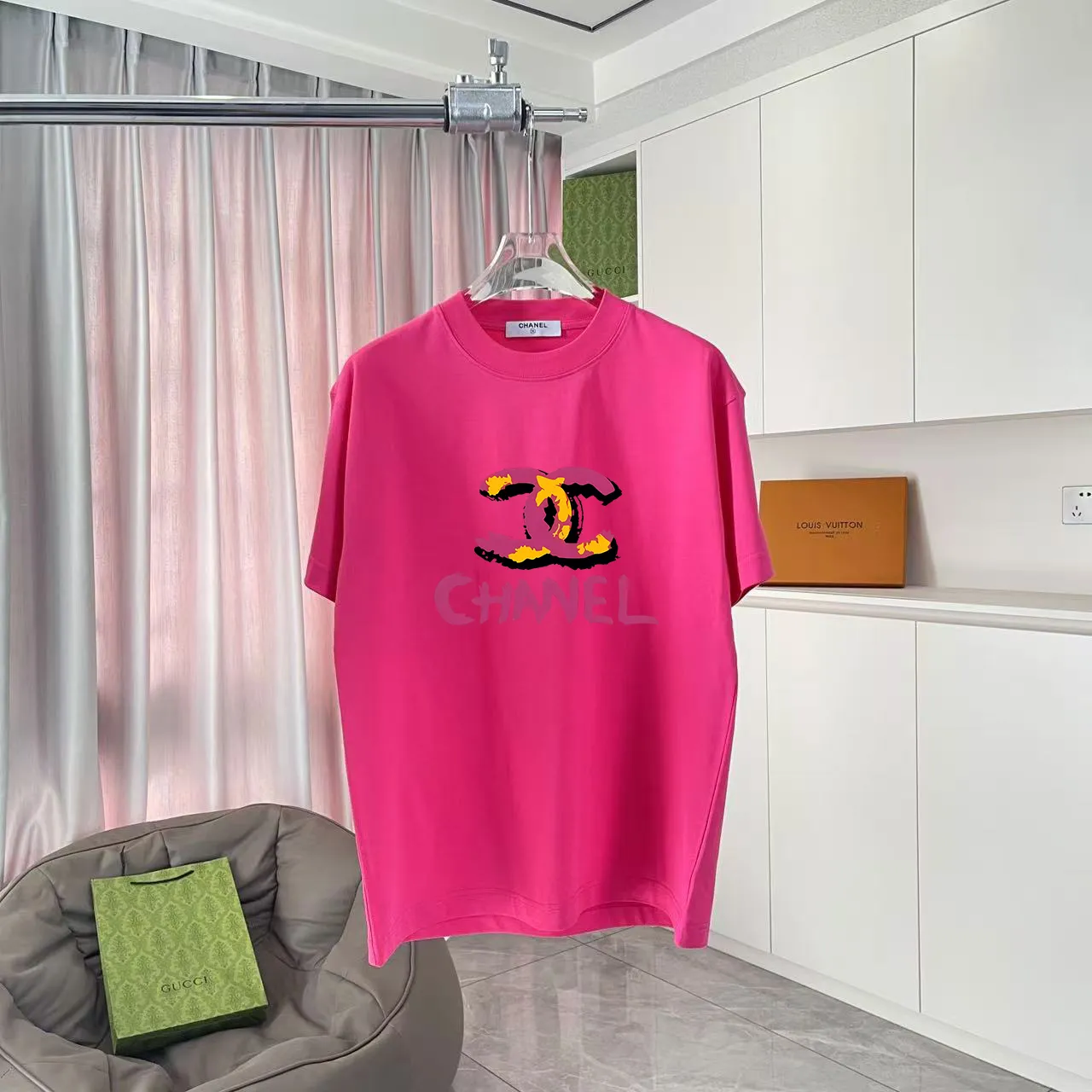 🅿️170 Chanel CHANEL2025 summer new style Double C letter logo printing short-sleeved T-shirt Customized fabric 300g Same style for men and women Size: S M L XL XXL Five codes Color: black white rose red purple