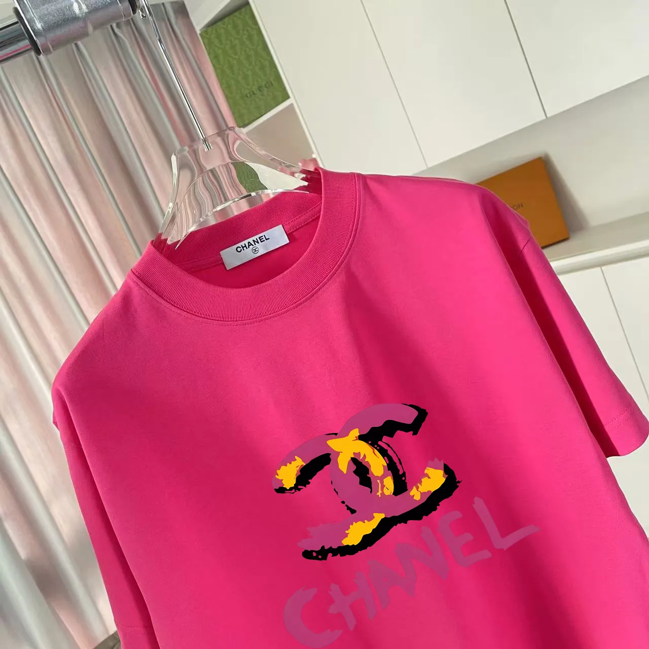 🅿️170 Chanel CHANEL2025 summer new style Double C letter logo printing short-sleeved T-shirt Customized fabric 300g Same style for men and women Size: S M L XL XXL Five codes Color: black white rose red purple