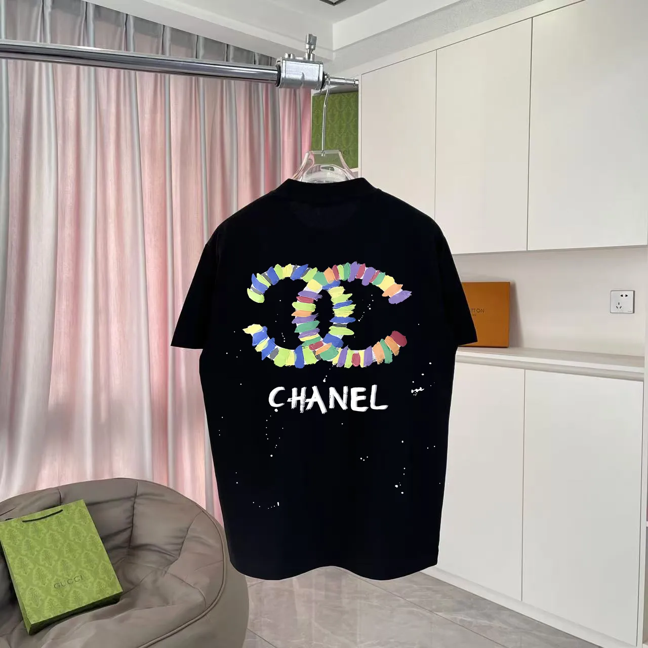 🅿️170 CHANE* Xiaoxiang 2025 autumn new style Double C letter logo printing short-sleeved T-shirt Customized fabric 300g Same style for men and women Size: S M L XL XXL five sizes Color: black white lake green pink