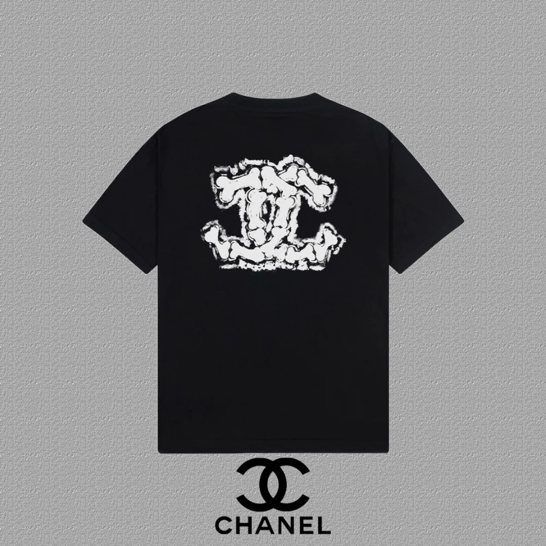 🅿️170 [CHANEL Chanel] 2025FW short-sleeved T-shirt LOGO printing, high-end 26s double yarn 300g fabric, heavy fabric, custom stretcher rib, same vat and dye, complete three standards, same style for men and women, color: black, white, gray, size: S M L XL 2XL