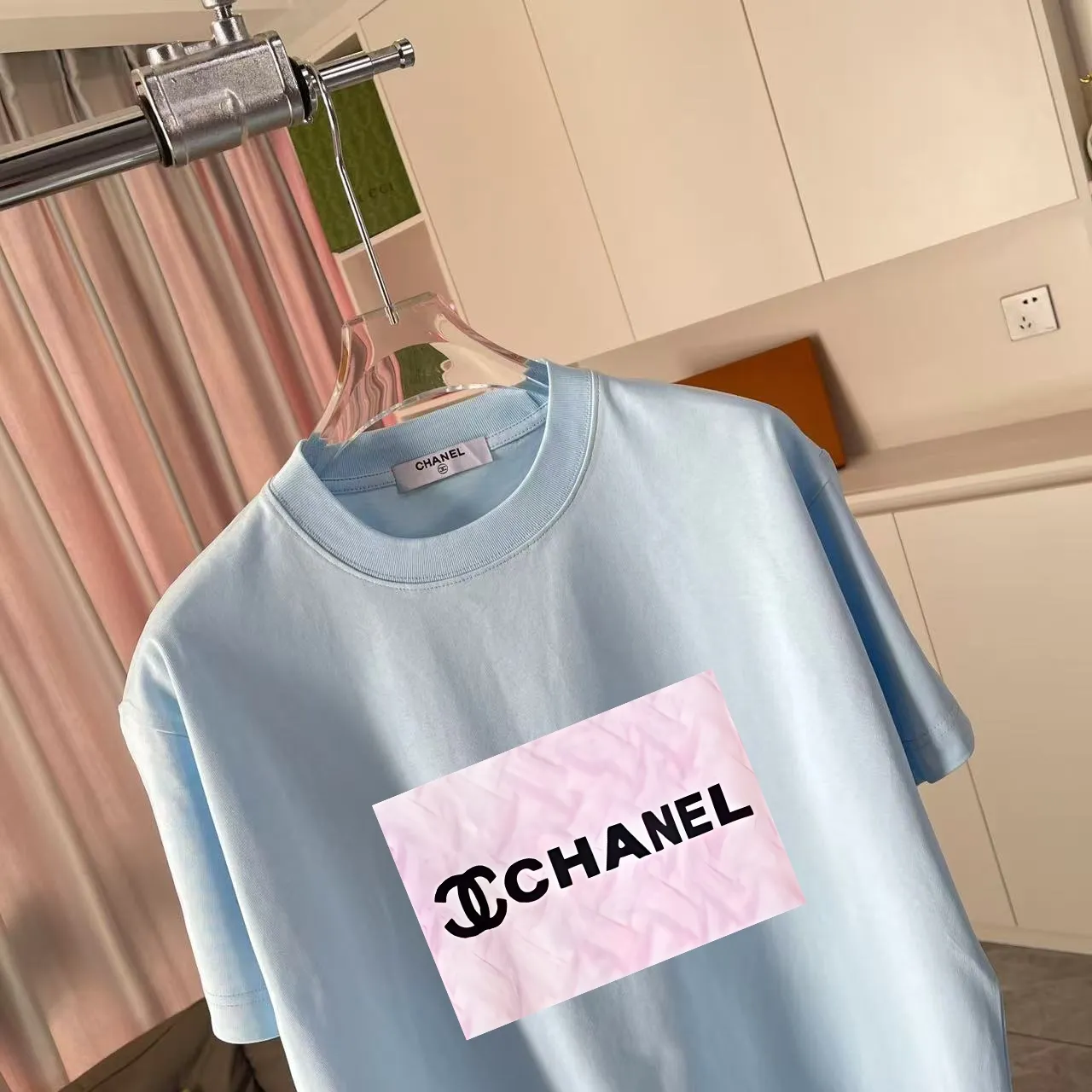 🅿️170 Chanel CHANEL 2025 summer new style Double C letter logo printing short-sleeved T-shirt Customized fabric 300g Same style for men and women Size: S M L XL XXL Five codes Color: black white lake green sky blue