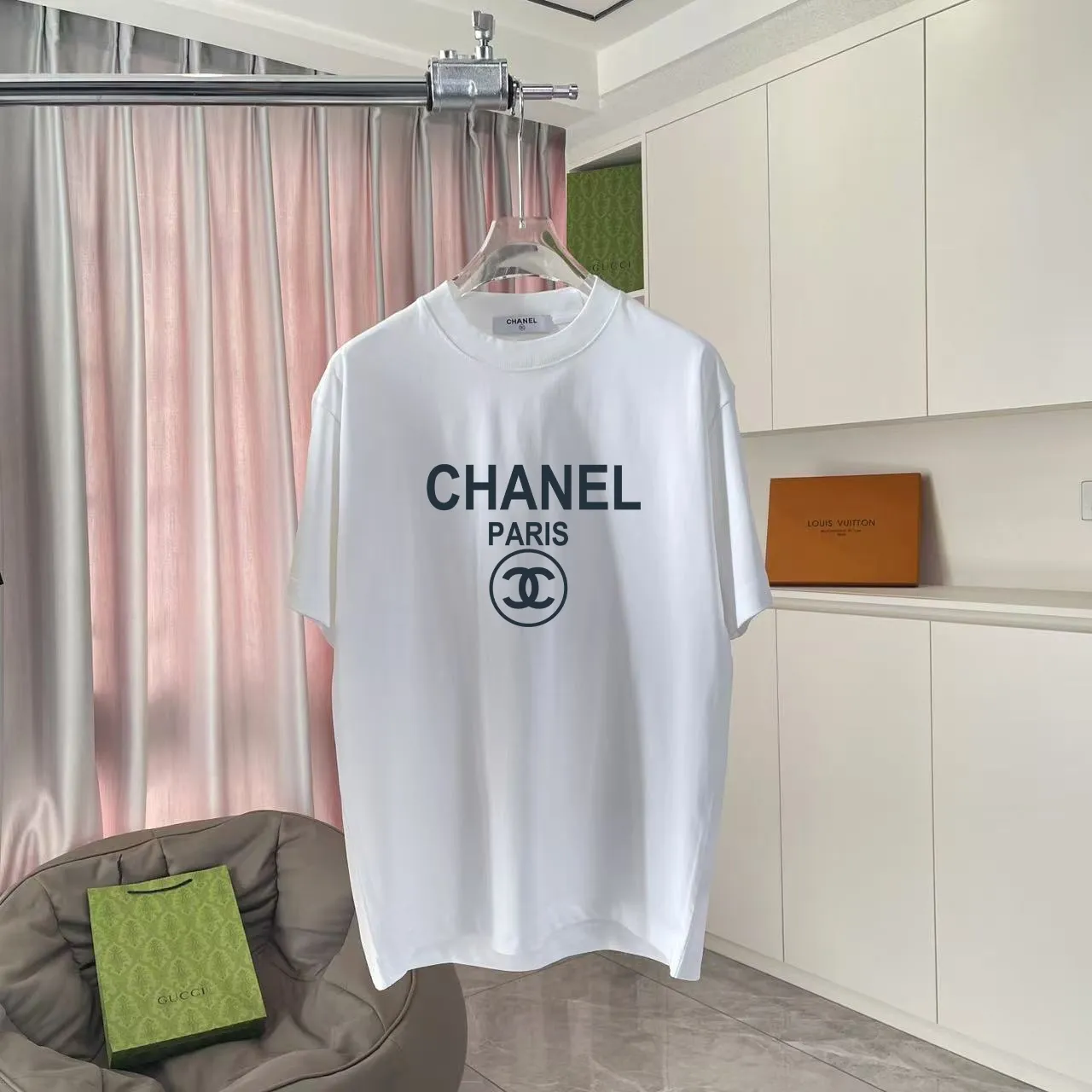 🅿️170 Chanel CHANEL 2025 summer new style Double C letter logo printing short-sleeved T-shirt Customized fabric 300g Same style for men and women Size: S M L XL XXL Five codes Color: black white lake green sky blue