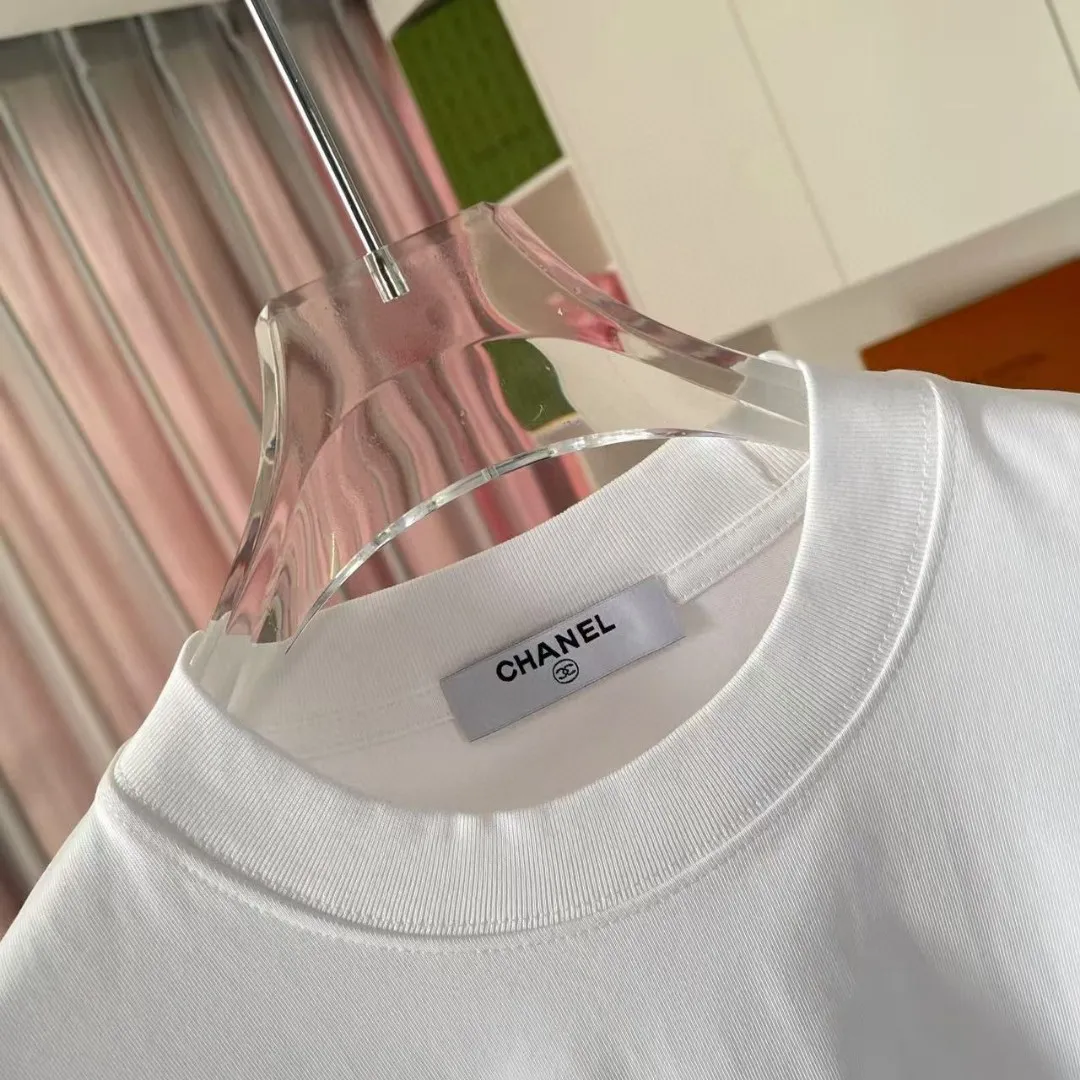 🅿️170 Chanel CHANEL 2025 summer new style Double C letter logo printing short-sleeved T-shirt Customized fabric 300g Same style for men and women Size: S M L XL XXL Five codes Color: black white lake green sky blue