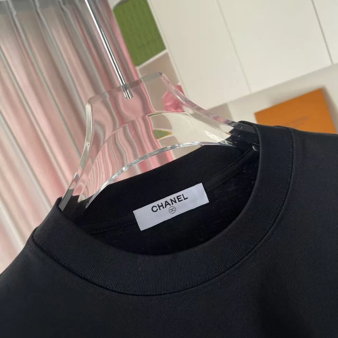 🅿️170 CHANE* Xiaoxiang 2025 autumn new style Double C letter logo printing short-sleeved T-shirt Customized fabric 300g Same style for men and women Size: S M L XL XXL Five codes Color: black white lake green sky blue