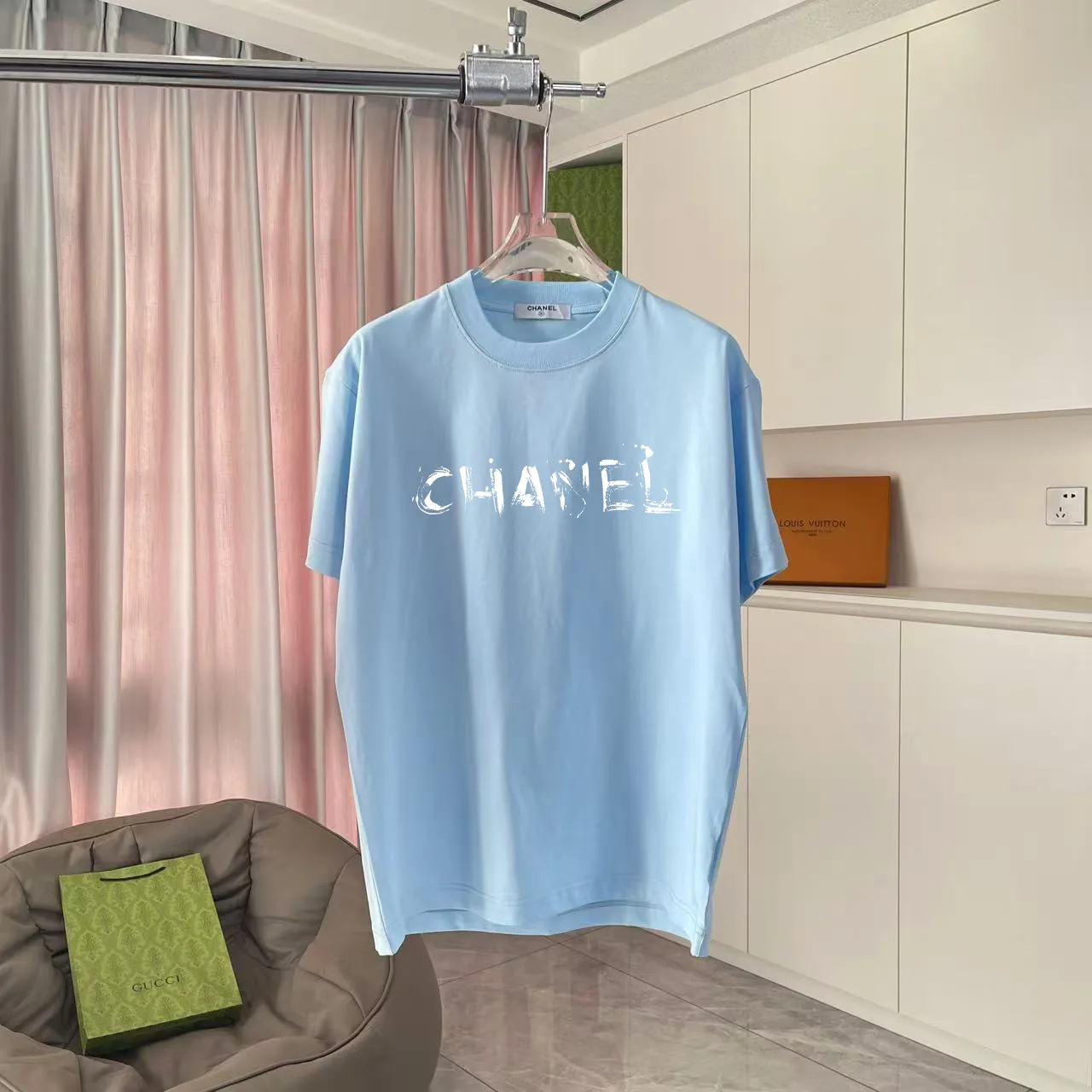 🅿️170 CHANE* Xiaoxiang 2025 Autumn New Style Double C letter logo printing short-sleeved T-shirt Customized fabric 300g Same style for men and women Size: S M L XL XXL Five codes Color: Black White Paste Green Sky Blue