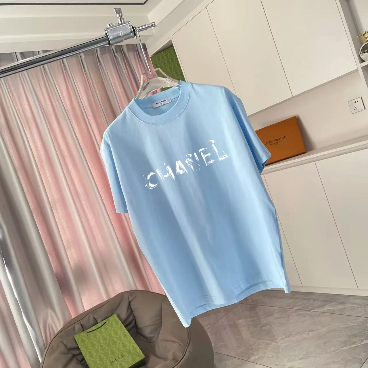 🅿️170 CHANE* Xiaoxiang 2025 Autumn New Style Double C letter logo printing short-sleeved T-shirt Customized fabric 300g Same style for men and women Size: S M L XL XXL Five codes Color: Black White Paste Green Sky Blue