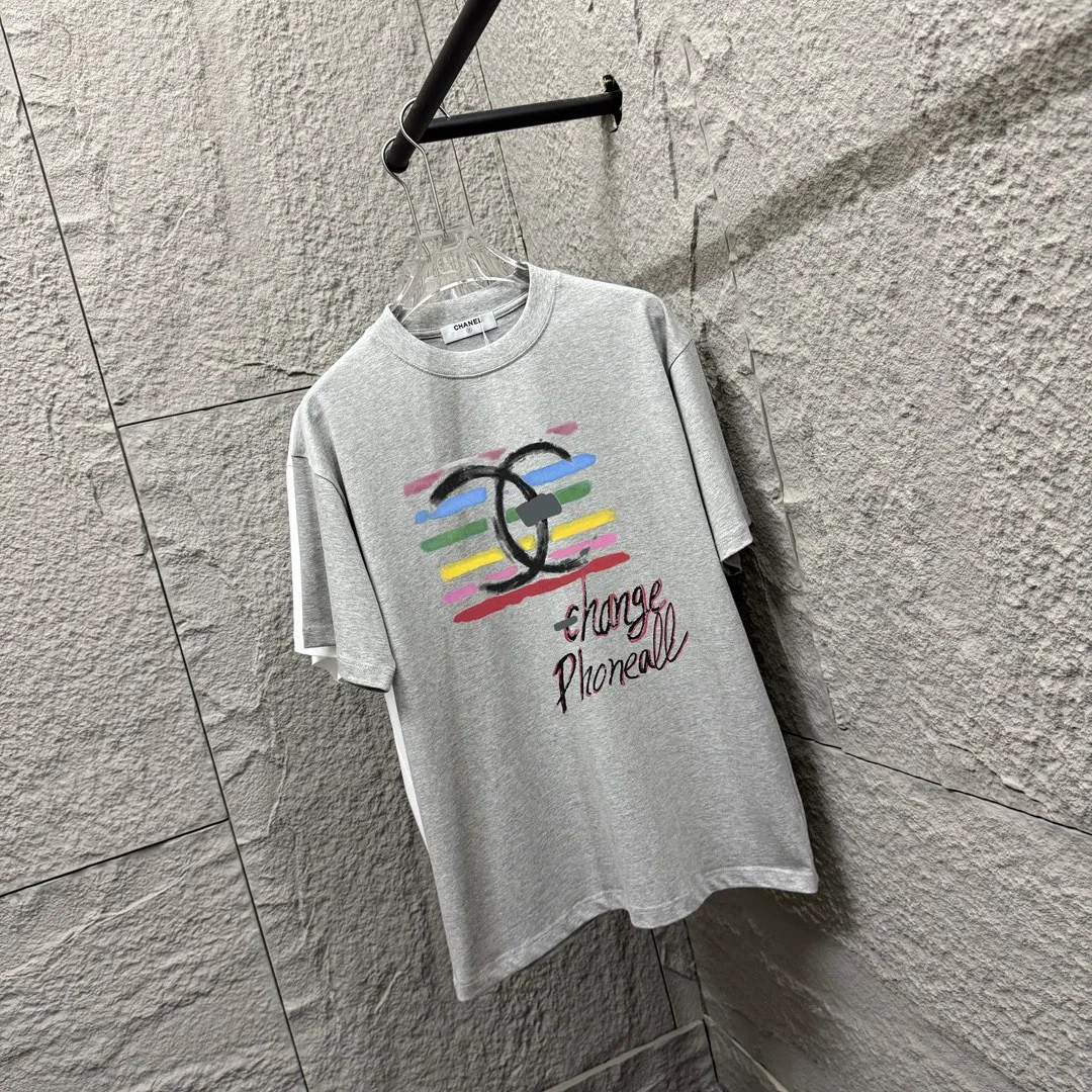 🅿️180 CHANE*Chanel*er 2025 spring and summer new style Classic rainbow letter print Customized double yarn plain cotton fabric Short-sleeved T-shirt Uniform for men and women Color: black white floral gray Size: S (90-130 pounds) M (120-150 pounds) L (140-165 pounds) XL (160-180 pounds) XXL (180-210 pounds)
