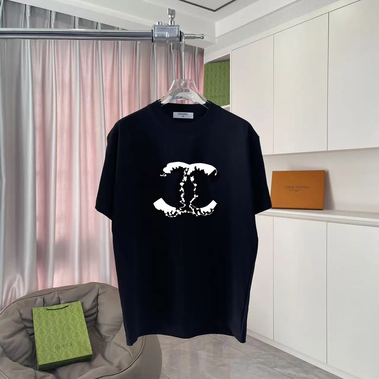 🅿️170 CHANE* Xiaoxiang 2025 autumn new style Double C letter logo printing short-sleeved T-shirt Customized fabric 300g Same style for men and women Size: S M L XL XXL Five codes Color: black white rose red
