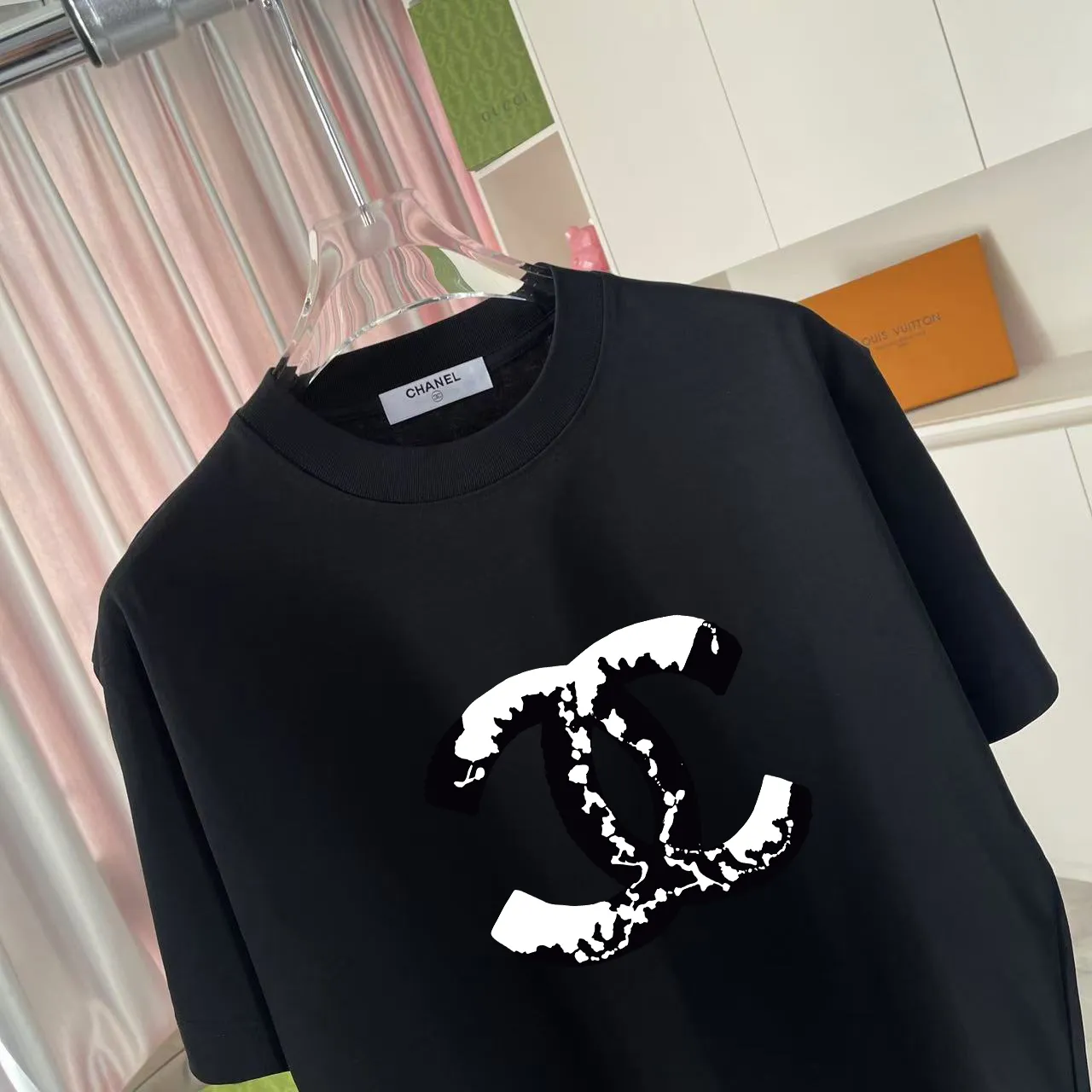 🅿️170 CHANE* Xiaoxiang 2025 autumn new style Double C letter logo printing short-sleeved T-shirt Customized fabric 300g Same style for men and women Size: S M L XL XXL Five codes Color: black white rose red