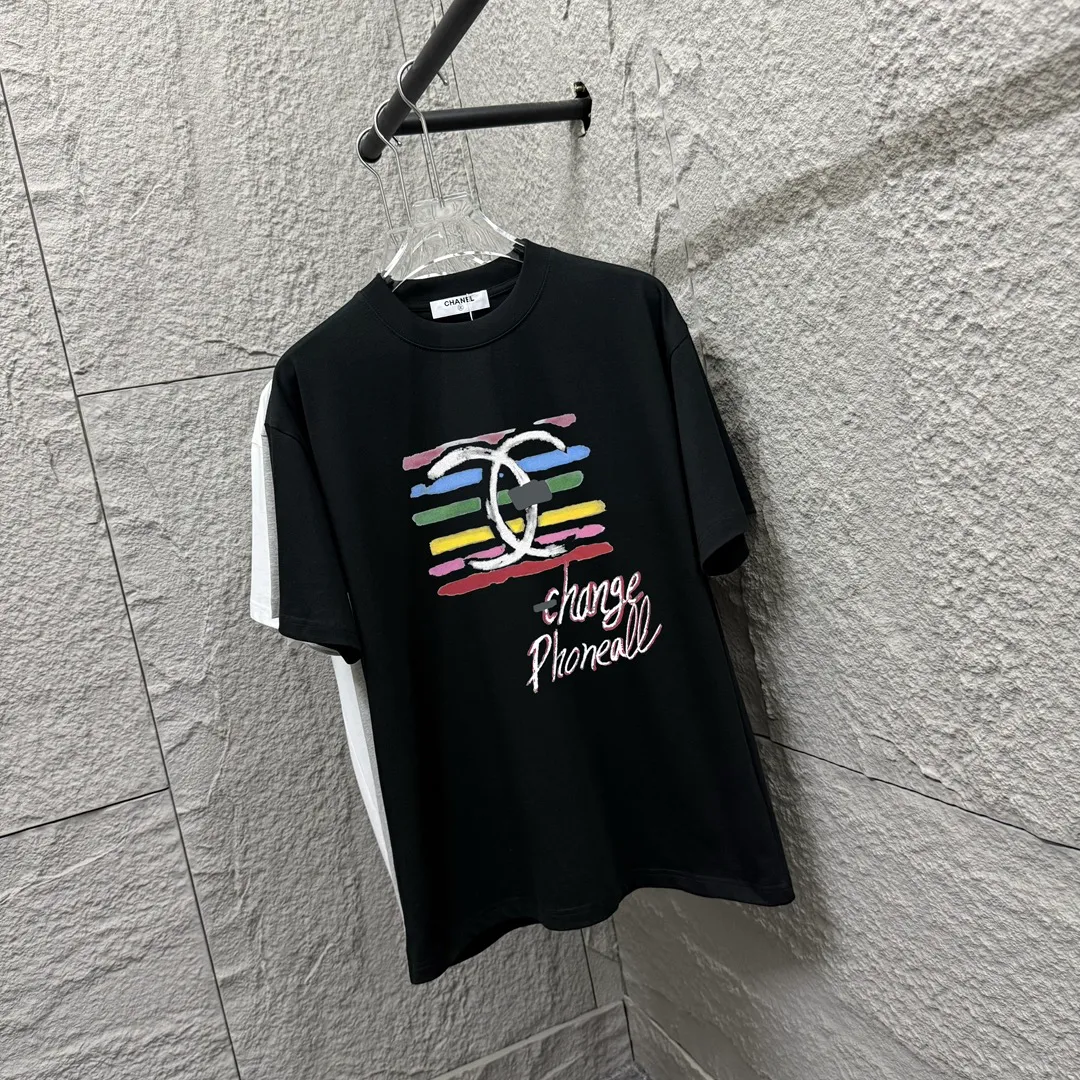 🅿️180 CHANE*Chanel*er 2025 spring and summer new style Classic rainbow letter print Customized double yarn plain cotton fabric Short-sleeved T-shirt Uniform for men and women Color: black white floral gray Size: S (90-130 pounds) M (120-150 pounds) L (140-165 pounds) XL (160-180 pounds) XXL (180-210 pounds)