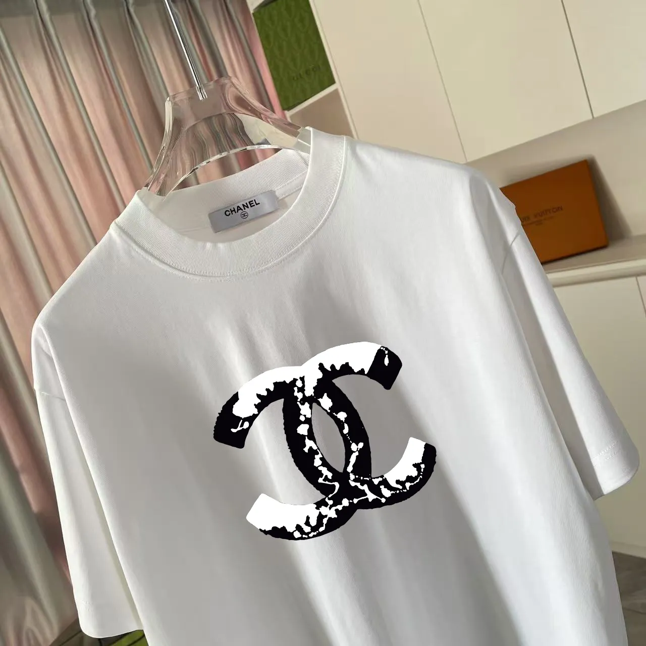 🅿️170 CHANE* Xiaoxiang 2025 autumn new style Double C letter logo printing short-sleeved T-shirt Customized fabric 300g Same style for men and women Size: S M L XL XXL Five codes Color: black white rose red
