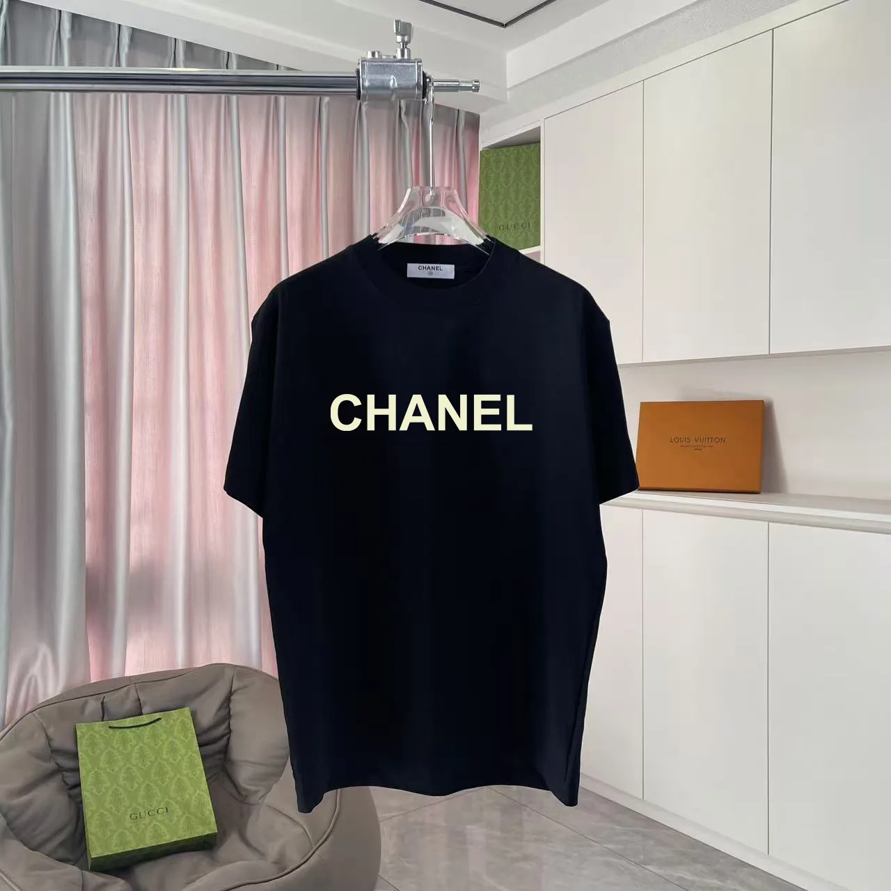 🅿️170 Chanel CHANEL2025 summer new style Double C letter logo printing short-sleeved T-shirt Customized fabric 300g Same style for men and women Size: S M L XL XXL Five codes Color: black white lake green purple