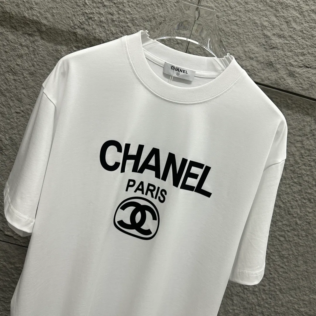 🅿️180 CHANE*Chanel*er 2025 spring and summer new style Classic totem letters paris three-dimensional silicone technology Customized double yarn plain cotton fabric Short-sleeved T-shirt Uniform for men and women Color: black white Size: S (90-130 pounds) M (120-150 pounds) L (140-165 pounds) XL (160-180 pounds) XXL (180-210 pounds)