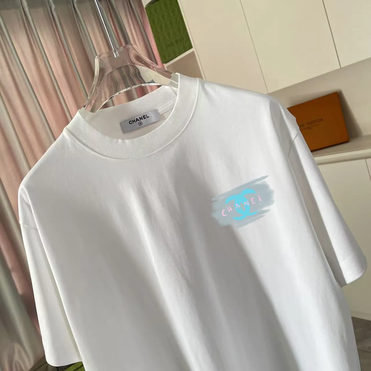 🅿️170 CHANE* Xiaoxiang 2025 autumn new style Double C letter logo printing short-sleeved T-shirt Customized fabric 300g Same style for men and women Size: S M L XL XXL Five codes Color: Black White Paste Green Pink