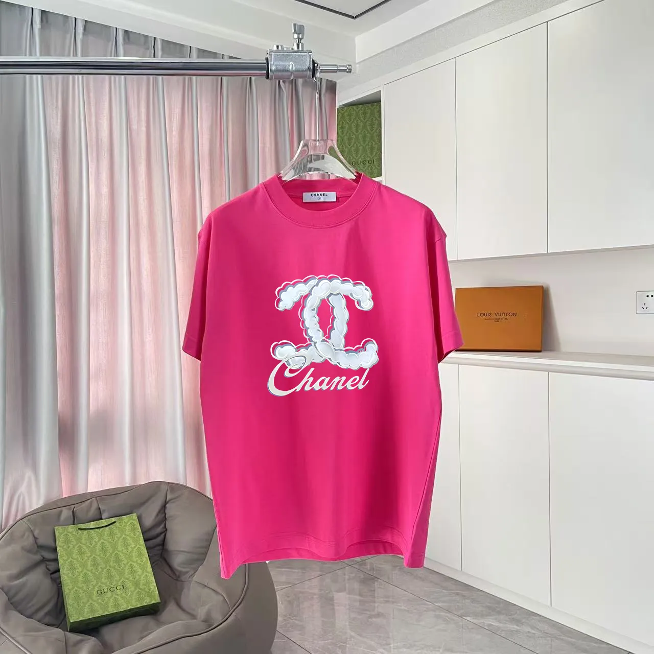 🅿️170 Chanel CHANEL 2025 summer new style Double C letter logo printing short-sleeved T-shirt Customized fabric 300g Same style for men and women Size: S M L XL XXL five sizes Color: black white lake green rose red