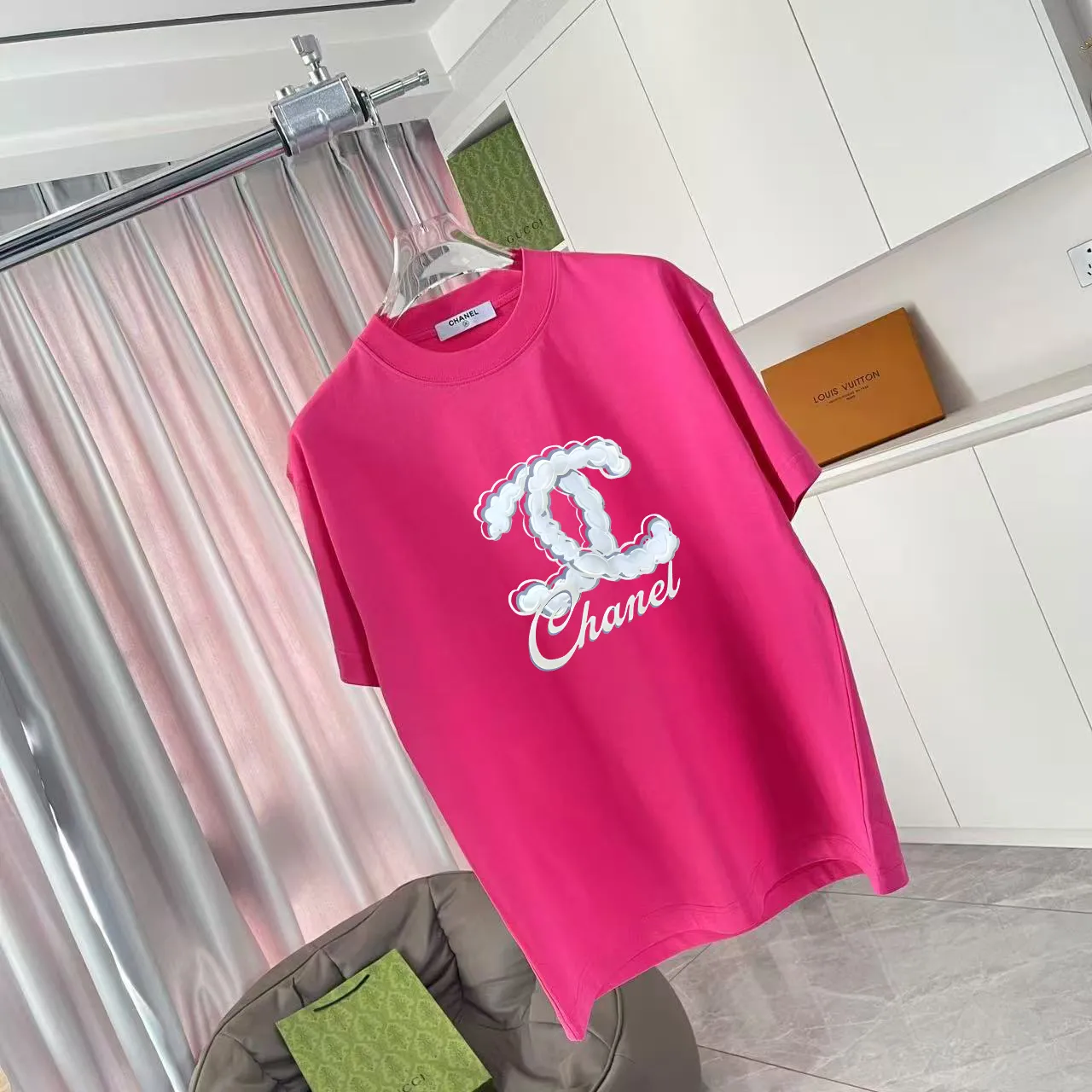 🅿️170 Chanel CHANEL 2025 summer new style Double C letter logo printing short-sleeved T-shirt Customized fabric 300g Same style for men and women Size: S M L XL XXL five sizes Color: black white lake green rose red