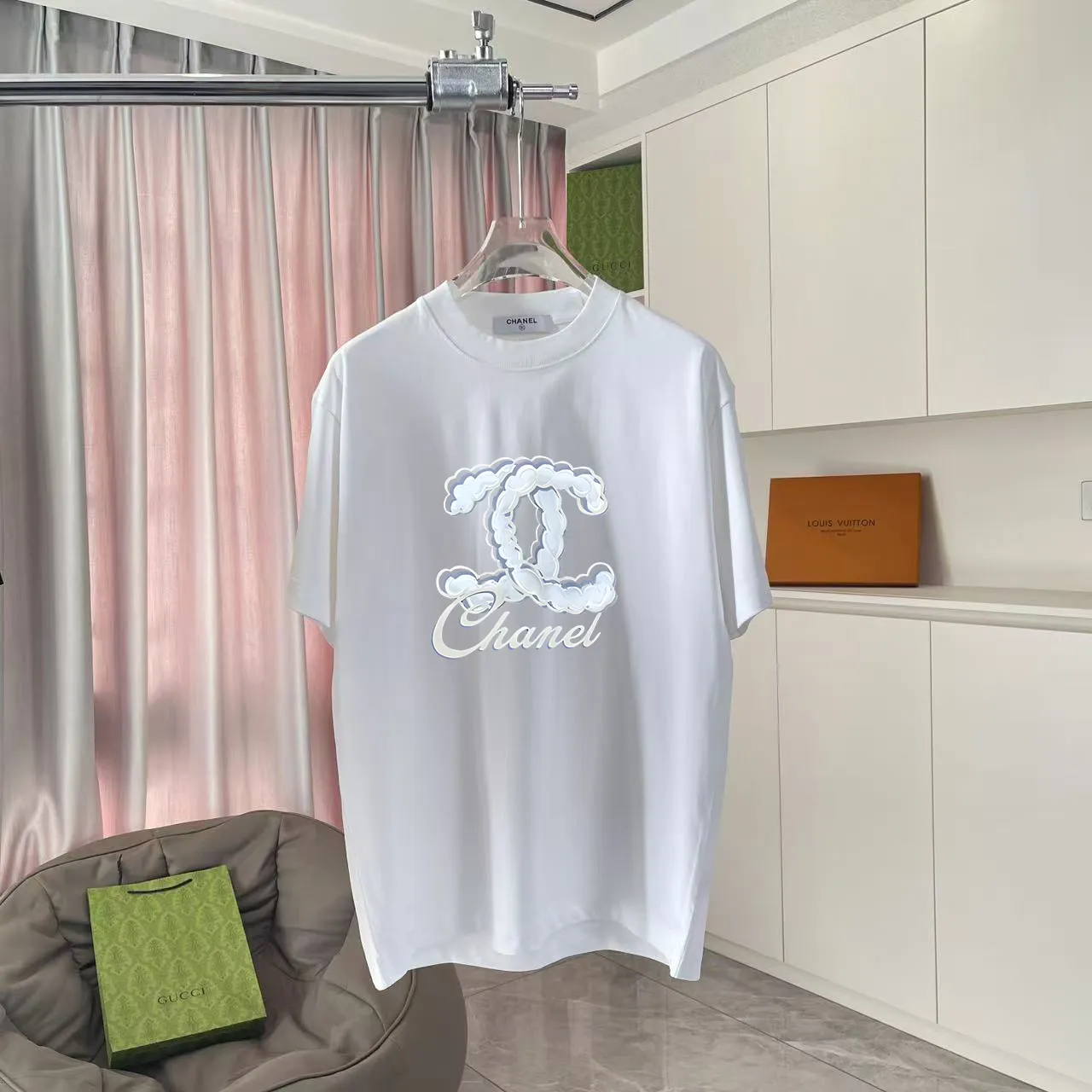 🅿️170 Chanel CHANEL 2025 summer new style Double C letter logo printing short-sleeved T-shirt Customized fabric 300g Same style for men and women Size: S M L XL XXL five sizes Color: black white lake green rose red