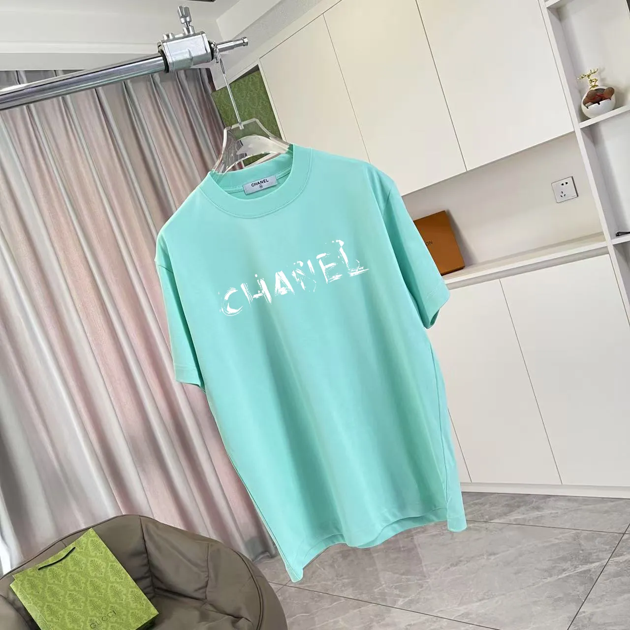 🅿️170 CHANE* Xiaoxiang 2025 Autumn New Style Double C letter logo printing short-sleeved T-shirt Customized fabric 300g Same style for men and women Size: S M L XL XXL Five codes Color: Black White Paste Green Sky Blue