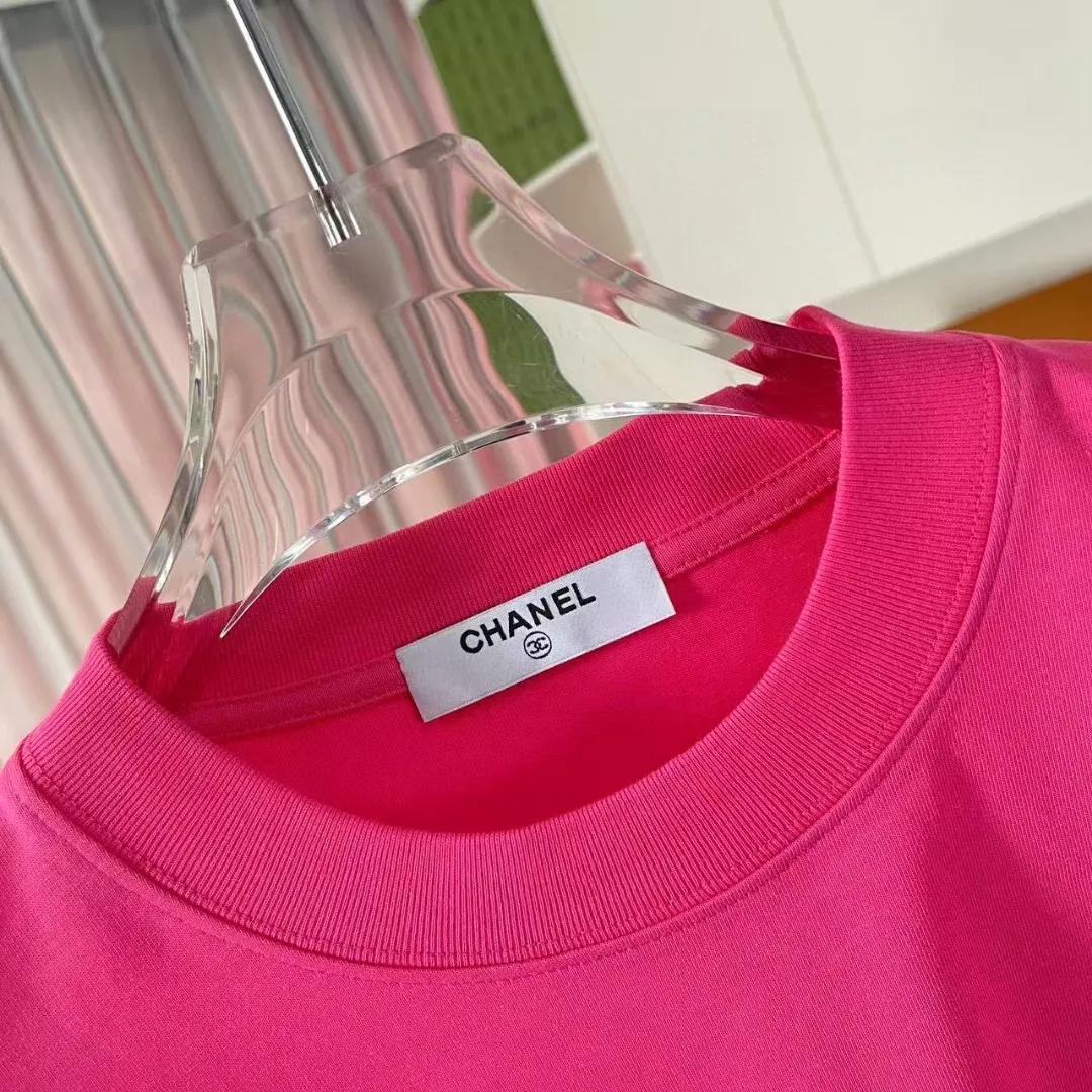 🅿️170 CHANE* Xiaoxiang 2025 autumn new style Double C letter logo printing short-sleeved T-shirt Customized fabric 300g Same style for men and women Size: S M L XL XXL five sizes Color: black white pink rose red