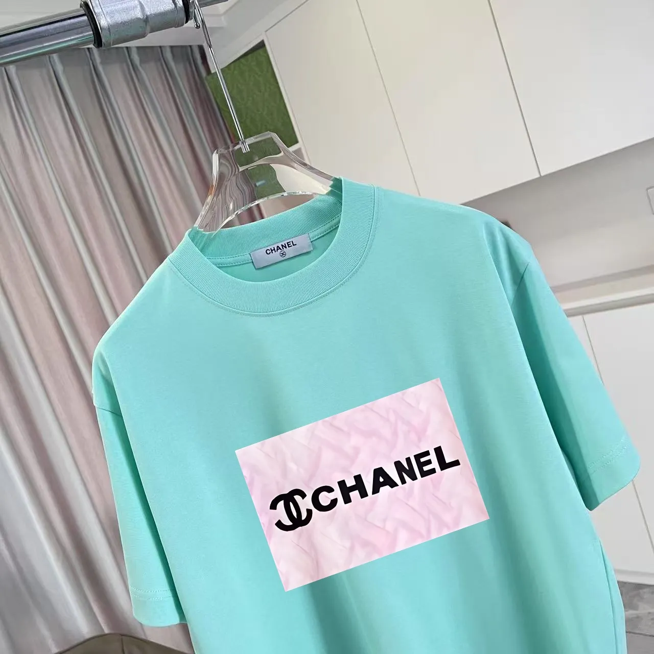 🅿️170 Chanel CHANEL 2025 summer new style Double C letter logo printing short-sleeved T-shirt Customized fabric 300g Same style for men and women Size: S M L XL XXL Five codes Color: black white lake green sky blue