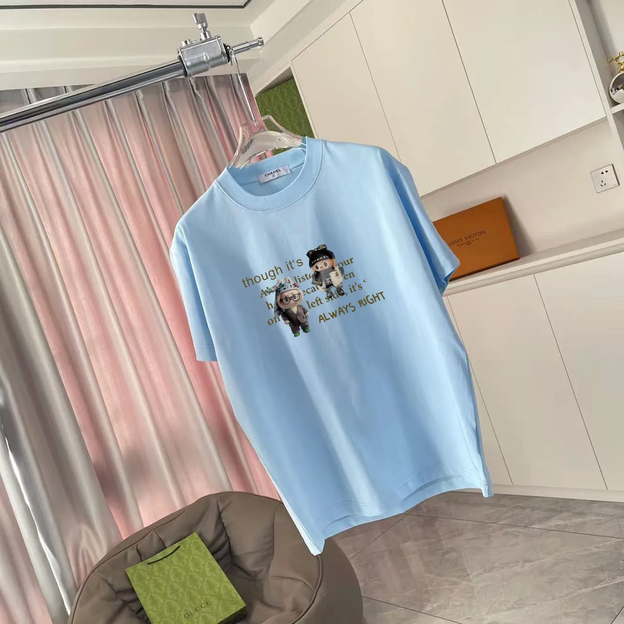 🅿️170 CHANE* Xiaoxiang 2025 autumn new style Double C letter logo printing short-sleeved T-shirt Customized fabric 300g Same style for men and women Size: S M L XL XXL Five codes Color: black white lake green sky blue