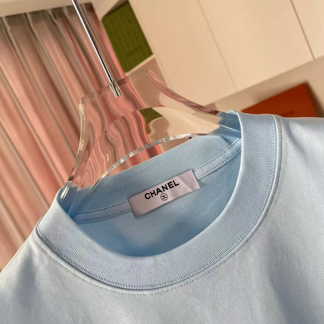 🅿️170 CHANE* Xiaoxiang 2025 autumn new style Double C letter logo printing short-sleeved T-shirt Customized fabric 300g Same style for men and women Size: S M L XL XXL Five codes Color: black white pink sky blue