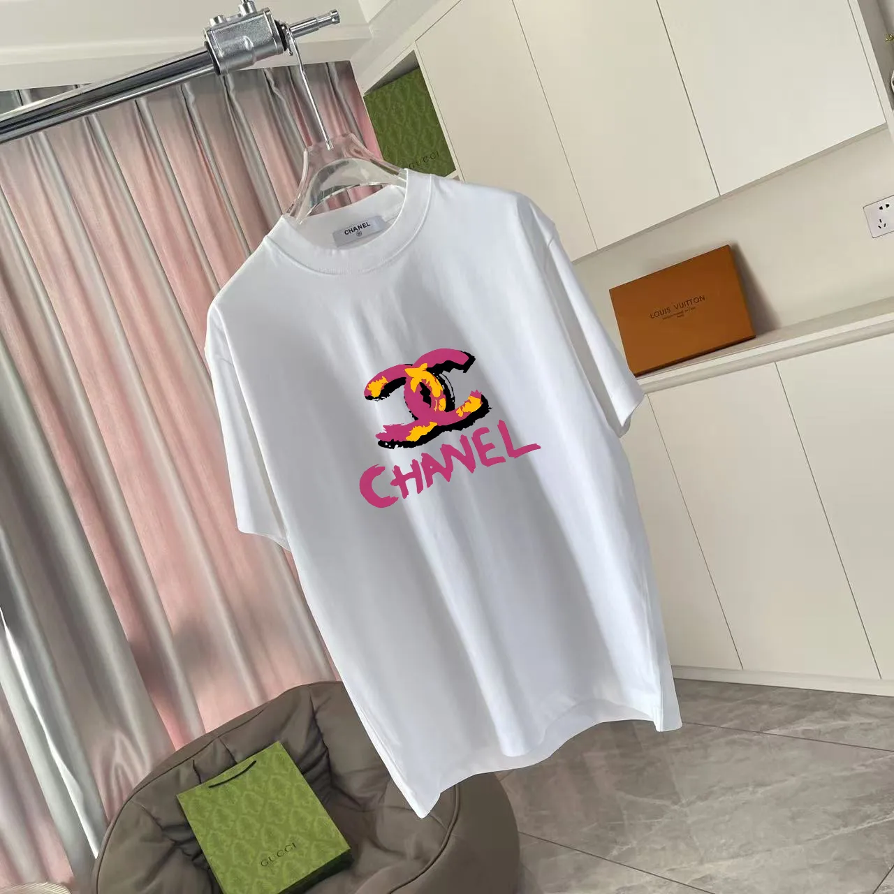 🅿️170 Chanel CHANEL2025 summer new style Double C letter logo printing short-sleeved T-shirt Customized fabric 300g Same style for men and women Size: S M L XL XXL Five codes Color: black white rose red purple