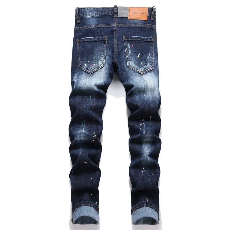 P186 D2 new embroidered men's ripped trendy jeans stretch personalized patches slim feet beggar pants top material super soft high cotton washed denim fabric each piece of washing cost up to three times the conventional process extremely delicate touch very good texture simple and atmospheric design of the whole body The back pocket of the pants adopts high-end direct injection technology extremely exquisite details perfect Color: picture color Size: 30-22-34-36 (corresponding to M-L-XL-XXL)