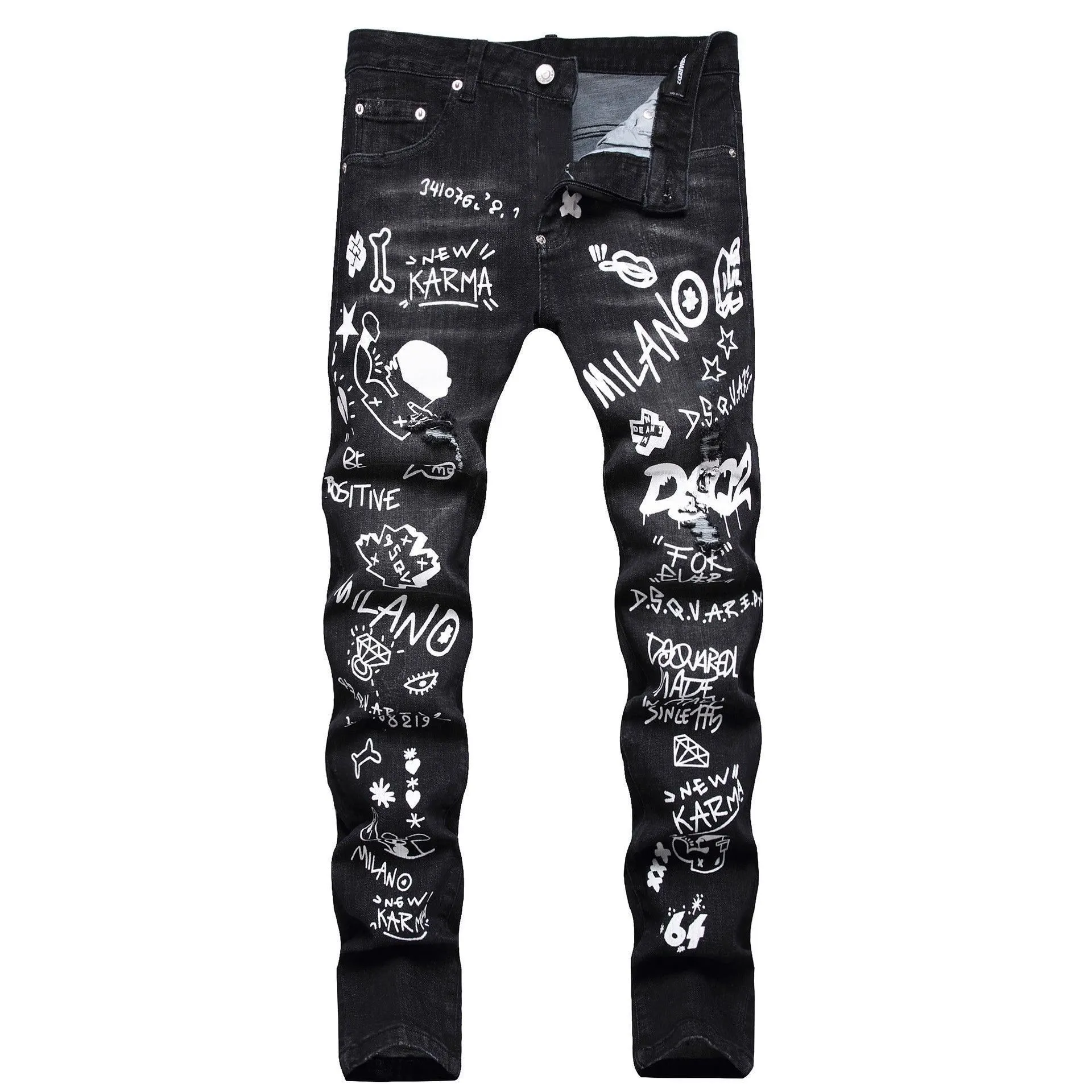 P186 💰 D2 new embroidered men's ripped trendy jeans, elastic personalized patches, slim fit, beggar's pants with small feet, top-quality materials, super soft high cotton washed denim fabric, each piece of washed denim fabric costs up to three times more than the conventional process. The touch is extremely delicate and the texture is very good. The whole body is simple and elegant. The back pocket of the trousers uses high-end direct injection technology. It is extremely exquisite. Full marks for details. Color: Picture color Size: 30-22-34-36 (corresponding to M-L-XL-XXL)