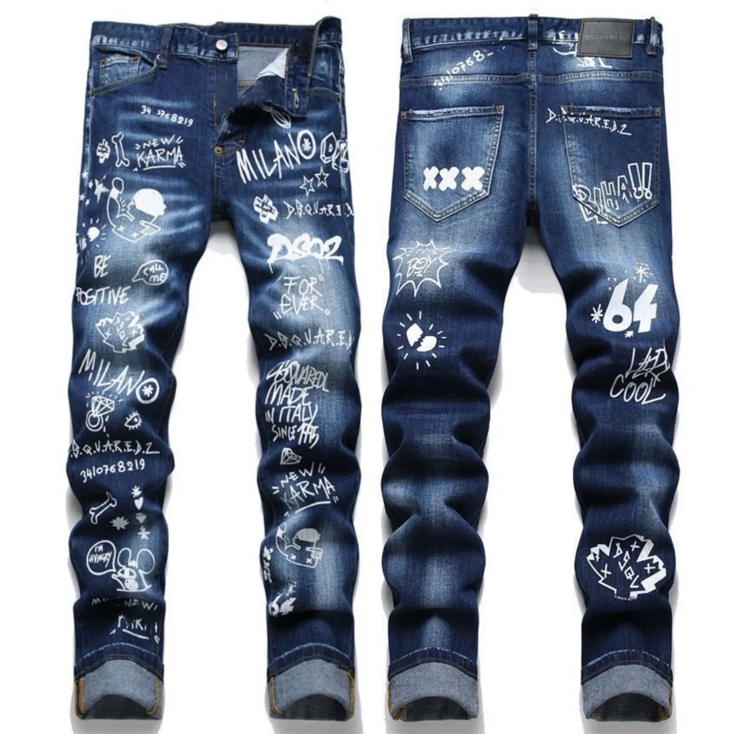 P186 💰 D2 new embroidered men's ripped trendy jeans, elastic personalized patches, slim fit, beggar's pants with small feet, top-quality materials, super soft high cotton washed denim fabric, each piece of washed denim fabric costs up to three times more than the conventional process. The touch is extremely delicate and the texture is very good. The whole body is simple and elegant. The back pocket of the trousers uses high-end direct injection technology. It is extremely exquisite. Full marks for details. Color: Picture color Size: 30-22-34-36 (corresponding to M-L-XL-XXL)