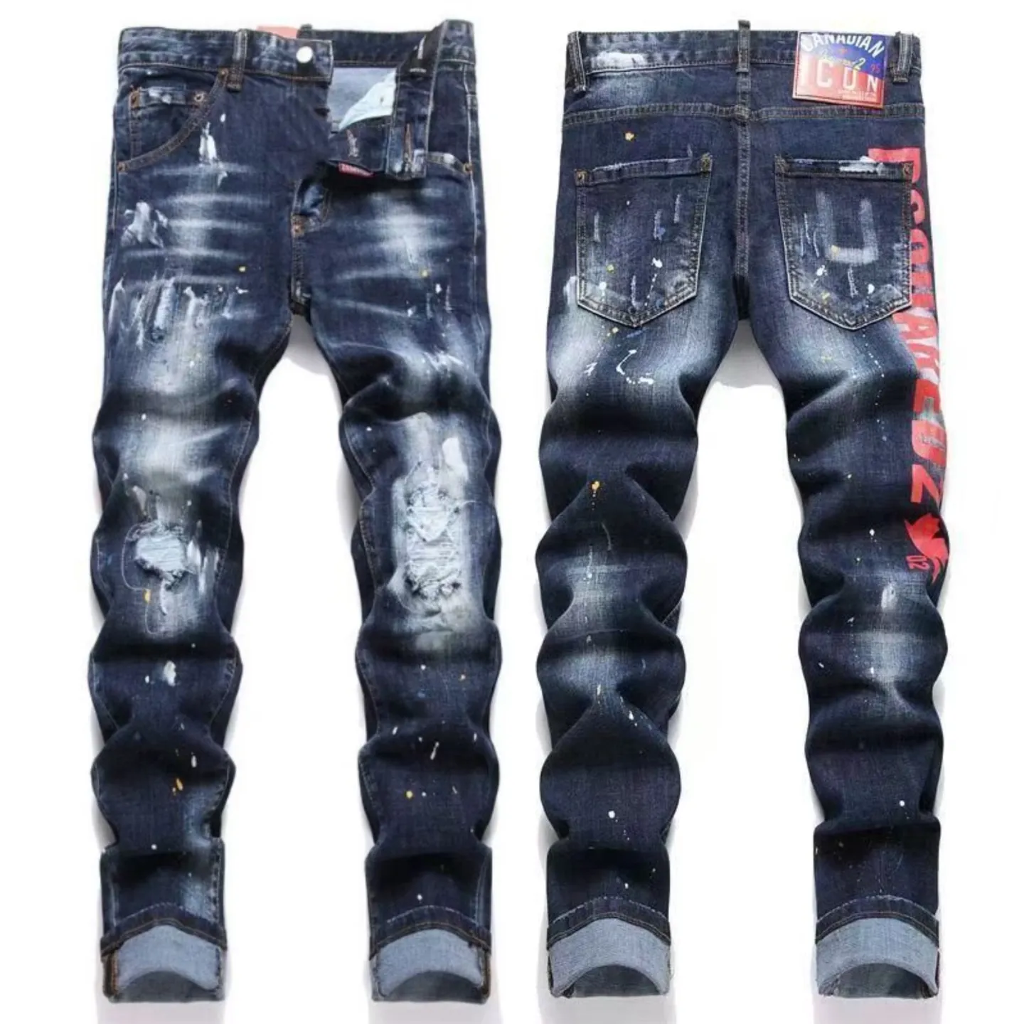 P186 💰 D2 new embroidered men's ripped trendy jeans, elastic personalized patches, slim fit, beggar's pants with small feet, top-quality materials, super soft high cotton washed denim fabric, each piece of washed denim fabric costs up to three times more than the conventional process. The touch is extremely delicate and the texture is very good. The whole body is simple and elegant. The back pocket of the trousers uses high-end direct injection technology. It is extremely exquisite. Full marks for details. Color: Picture color Size: 30-32-34-36 (corresponding to M-L-XL-XXL)