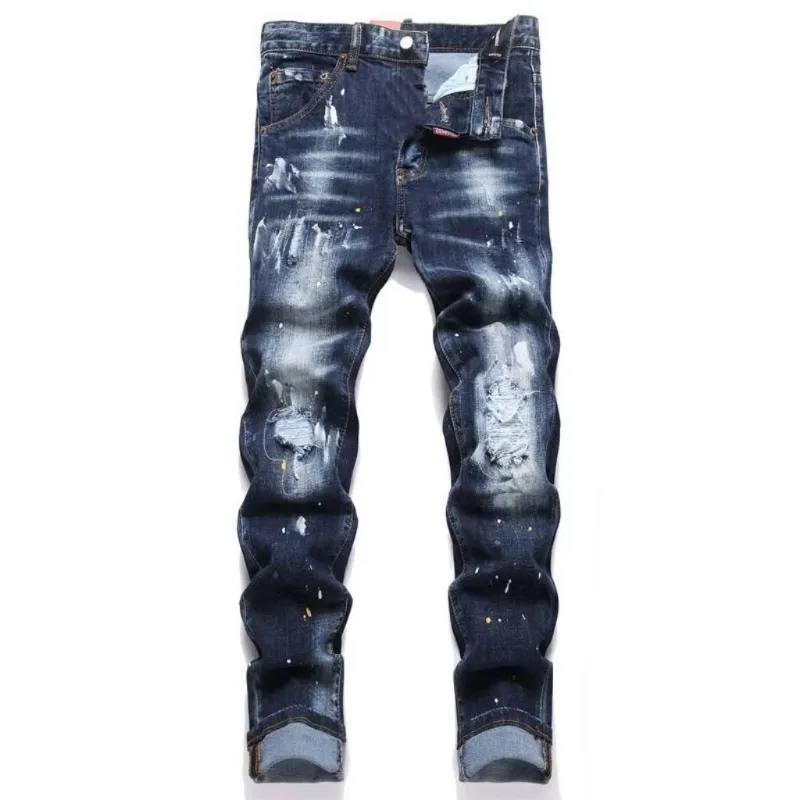 P186 💰 D2 new embroidered men's ripped trendy jeans, elastic personalized patches, slim fit, beggar's pants with small feet, top-quality materials, super soft high cotton washed denim fabric, each piece of washed denim fabric costs up to three times more than the conventional process. The touch is extremely delicate and the texture is very good. The whole body is simple and elegant. The back pocket of the trousers uses high-end direct injection technology. It is extremely exquisite. Full marks for details. Color: Picture color Size: 30-32-34-36 (corresponding to M-L-XL-XXL)
