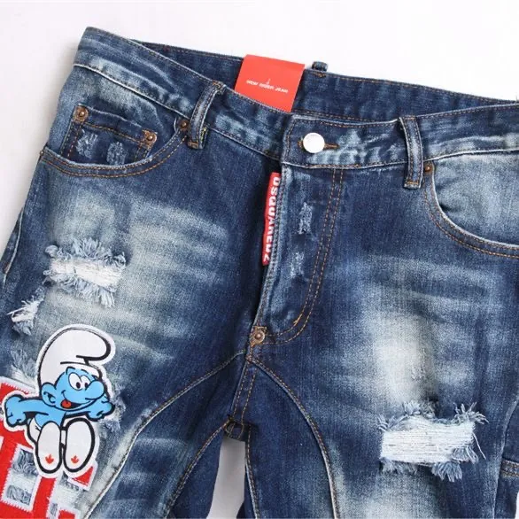 P186 💰 D2 new embroidered men's ripped trendy jeans, elastic personalized patches, slim fit, beggar's pants with small feet, top-quality materials, super soft high cotton washed denim fabric, each piece of washed denim fabric costs up to three times more than the conventional process. The touch is extremely delicate and the texture is very good. The whole body is simple and elegant. The back pocket of the trousers uses high-end direct injection technology. It is extremely exquisite. Full marks for details. Color: Picture color Size: 30-32-34-36 (corresponding to M-L-XL-XXL)