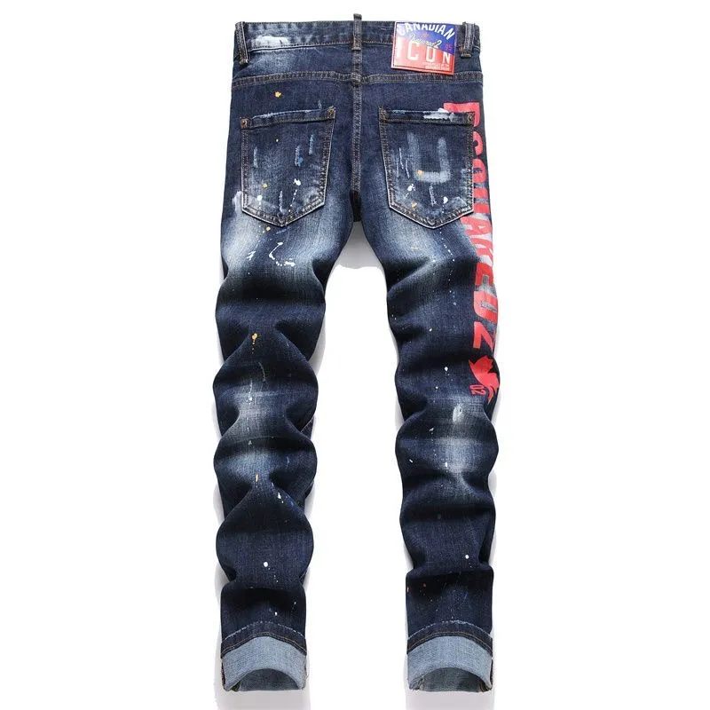P180 D2 new embroidered men's ripped trendy jeans stretch personalized patches slim fit little feet beggar pants top-quality materials super soft high cotton washed denim fabric. Each piece of washed denim fabric costs up to three times the conventional process. The touch is extremely delicate and the texture is very good. The whole body is simple and elegant. The back pocket of the pants adopts high-end direct injection technology. It is extremely exquisite. Full score for details. Size: M-XXL