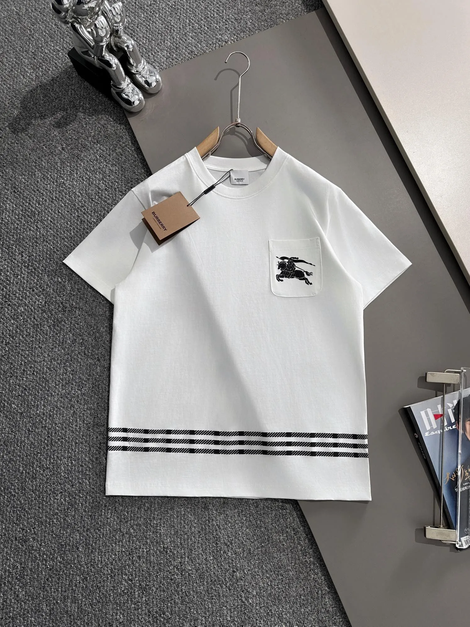 🅿️170 (arrives the next day) Dior 2025 new style chest pocket flocked war horse logo flocked stripe decoration same style for men and women short-sleeved T-shirt ·Customized 260g 100% double yarn pure cotton fabric ·Custom dyed 32 counts double thread ·Collar tag, main mark and three labels complete Color: White Size: XS S M L