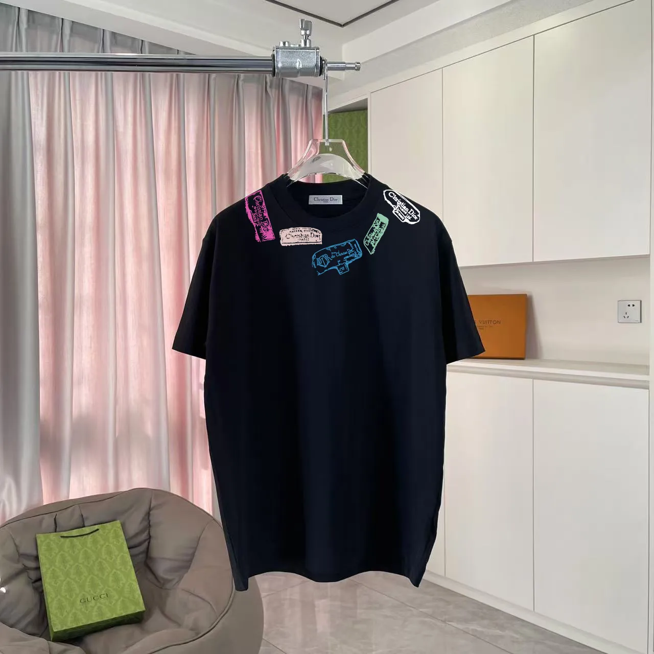 🅿️170 Dio*Dior 2025 summer new style Personalized letter logo printing Short-sleeved T-shirt Customized fabric 300g Same style for men and women Color: Black White Pink Iron Gray Size: S M L XL XXL Five codes​