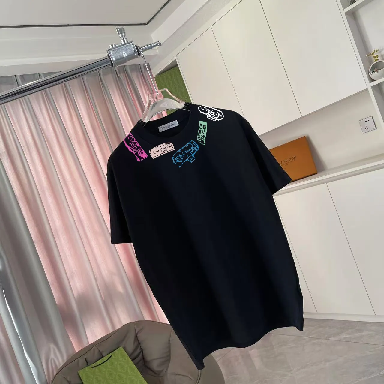 🅿️170 Dio*Dior 2025 summer new style Personalized letter logo printing Short-sleeved T-shirt Customized fabric 300g Same style for men and women Color: Black White Pink Iron Gray Size: S M L XL XXL Five codes​