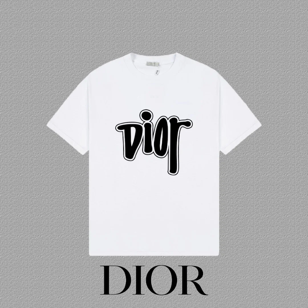 🅿️170 [DIOR Dior] 2025FW short-sleeved T-shirt LOGO printing High-end 26s double yarn 300g fabric Heavy fabric Customized frame ribbing in the same cylinder and dyeing Complete three standards Same style for men and women Color: Black White Size: S M L XL 2XL