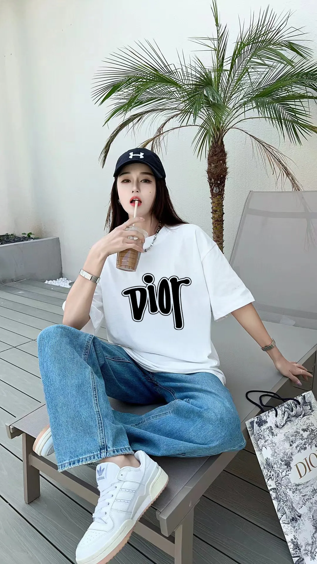 🅿️170 [DIOR Dior] 2025FW short-sleeved T-shirt LOGO printing High-end 26s double yarn 300g fabric Heavy fabric Customized frame ribbing in the same cylinder and dyeing Complete three standards Same style for men and women Color: Black White Size: S M L XL 2XL