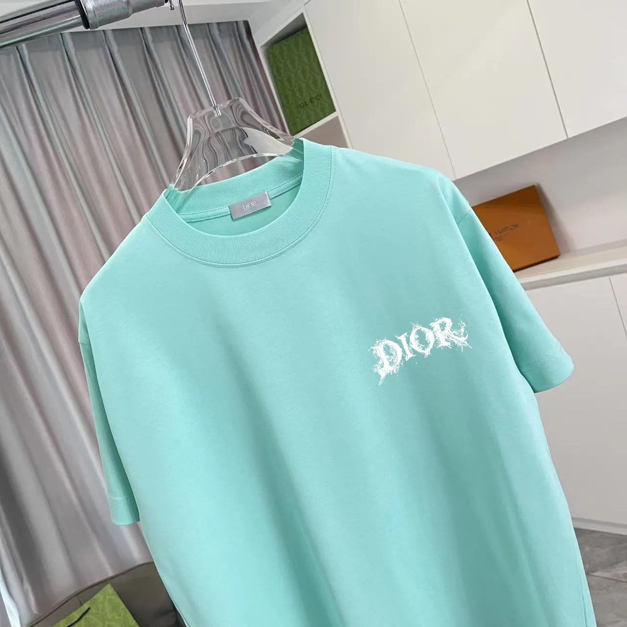🅿️170 Dio Dior 2025 summer new style Personalized letter logo printing Short-sleeved T-shirt Customized fabric 300g Same style for men and women Color: black white lake green sky blue Size: S M L XL XXL five sizes ​