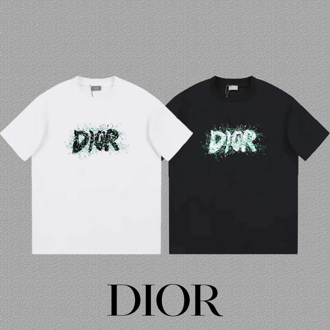 🅿️170 [DIOR Dior] 2025FW short-sleeved T-shirt LOGO printing High-end 26s double yarn 300g fabric Heavy fabric Customized frame ribbing in the same cylinder and dyeing Complete three standards Same style for men and women Color: Black White Size: S M L XL 2XL