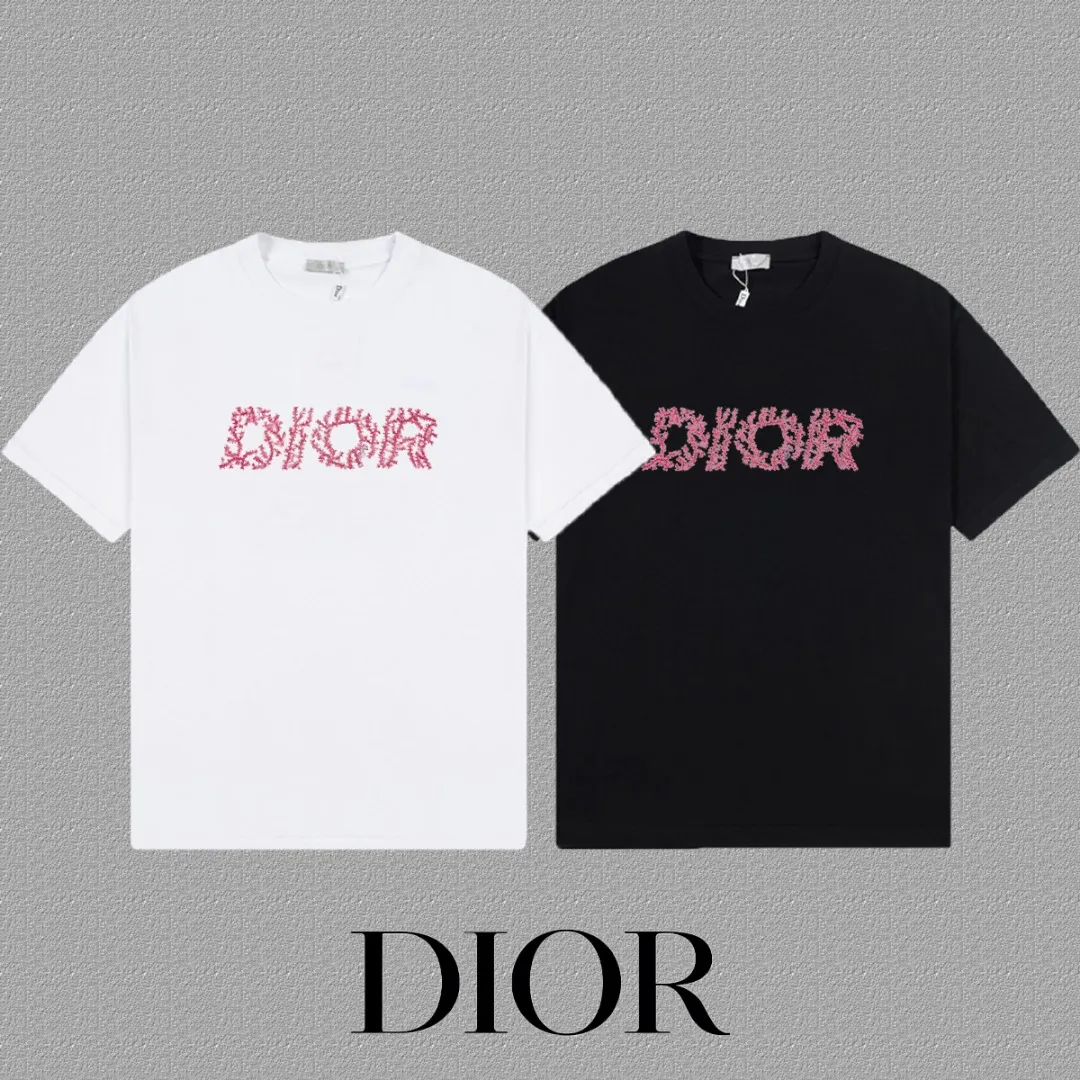🅿️170 [DIOR Dior] 2025FW short-sleeved T-shirt LOGO printing High-end 26s double yarn 300g fabric Heavy fabric Customized frame ribbing in the same cylinder and dyeing Complete three standards Same style for men and women Color: Black White Size: S M L XL 2XL
