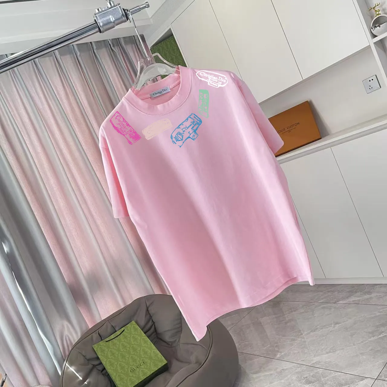 🅿️170 Dio*Dior 2025 summer new style Personalized letter logo printing Short-sleeved T-shirt Customized fabric 300g Same style for men and women Color: Black White Pink Iron Gray Size: S M L XL XXL Five codes​