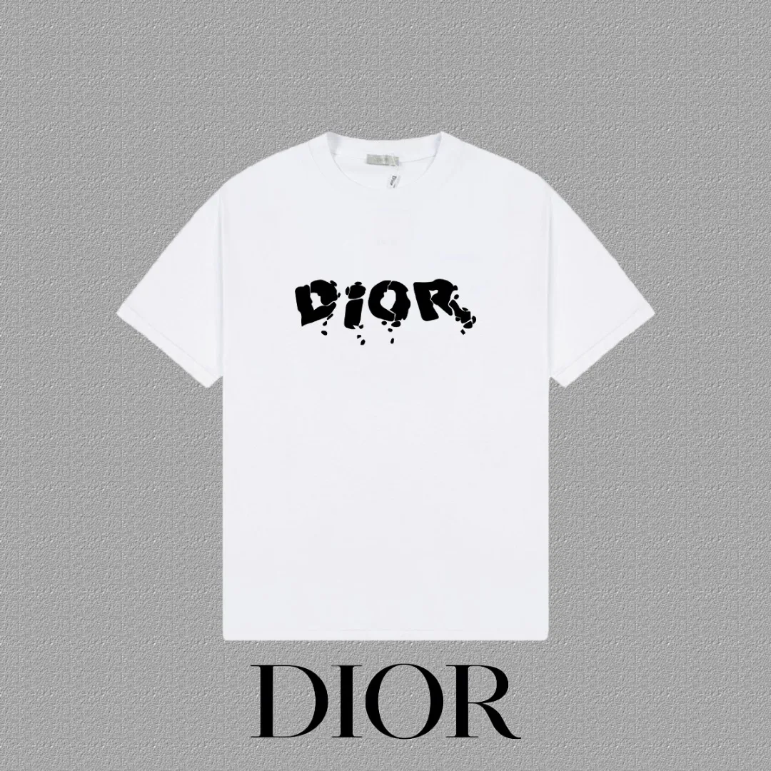 🅿️170 [DIOR Dior] 2025FW short-sleeved T-shirt, silicone thick plate LOGO, high-end 26s double yarn 300g fabric, heavy fabric, custom stretcher rib, same cylinder and dye, complete three standards, same style for men and women, color: black, white, size: S M L XL 2XL
