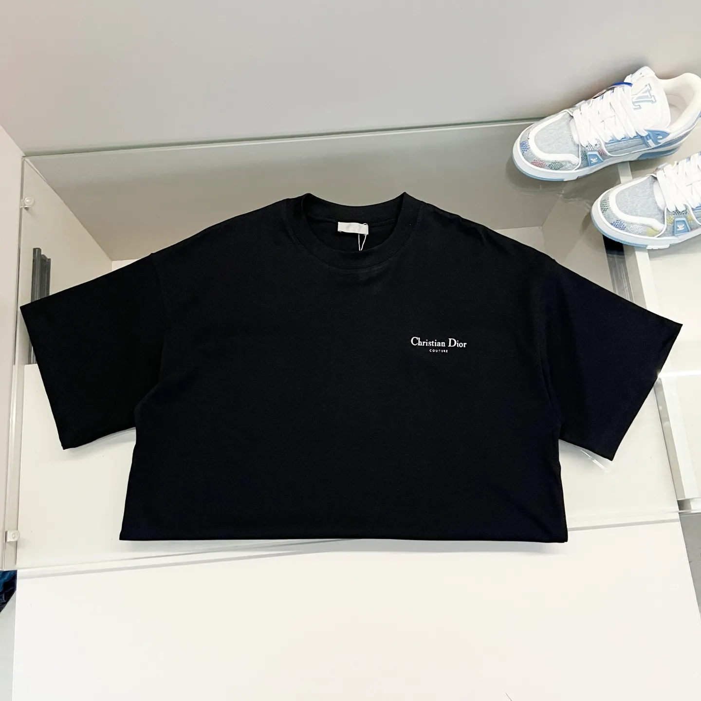 🅿️180 DIOR/Dior 260g round neck short-sleeved T-shirt, brand letter small mark LOGO, lily of the valley pattern printing process, official synchronization, high version, high quality, fashionable personality, versatile trend, pure original quality, original fabric, tag, collar label, washed wheat, three labels complete, color: black, apricot, gray. Size: XS-L