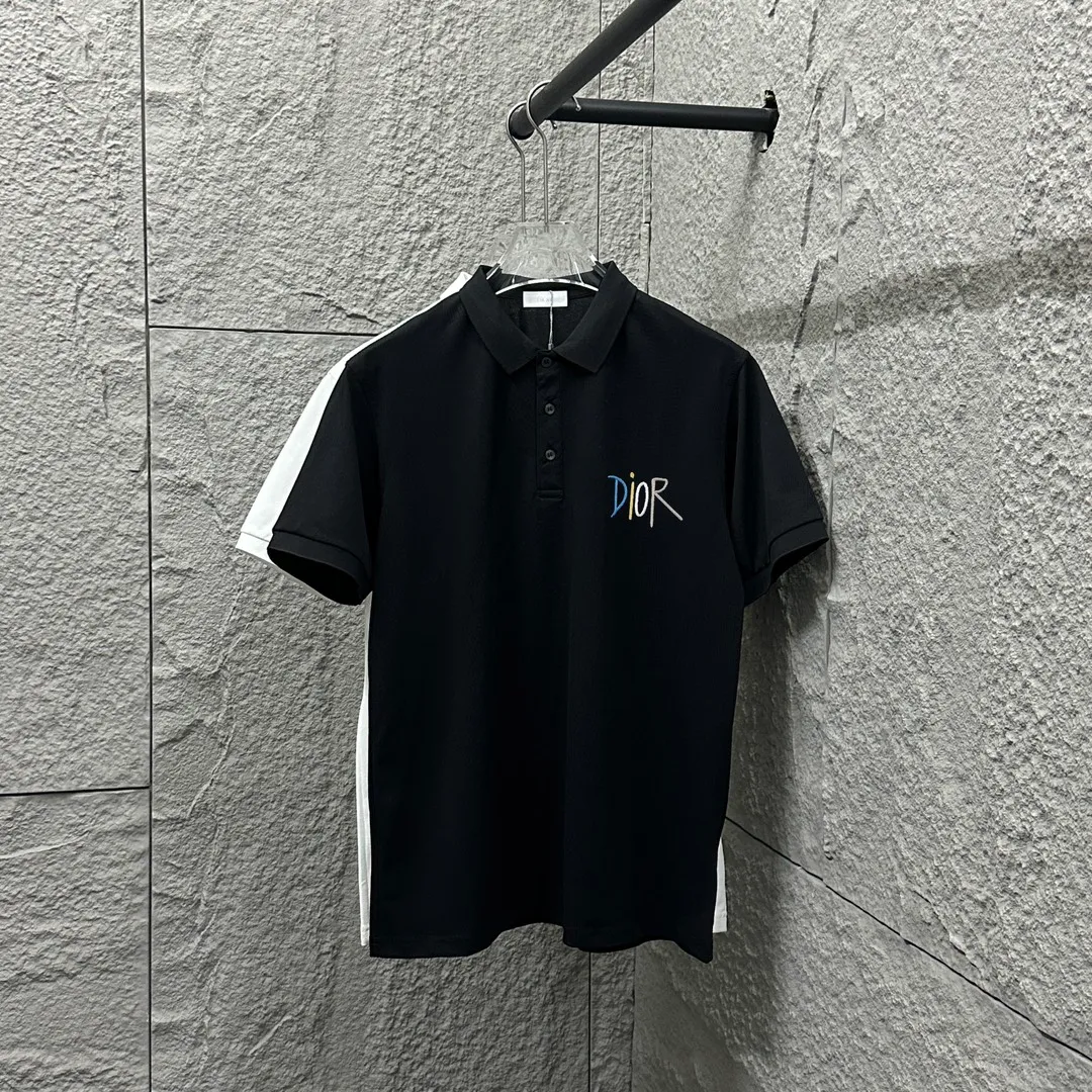 🅿️180 Dio*Dior* short-sleeved POLO 2025 spring and summer new style Simple letter embroidered pique fabric Short-sleeved polo stand-up collar Unisex Size: M L XL 2XL 3XL Color: Black White