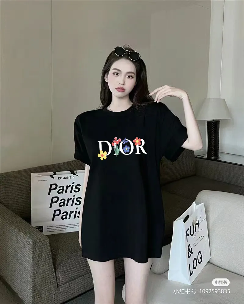 🅿️170 [DIOR Dior] 2025FW short-sleeved T-shirt LOGO printing High-end 26s double yarn 300g fabric Heavy fabric Customized frame ribbing in the same cylinder and dyeing Complete three standards Same style for men and women Color: Black White Size: S M L XL 2XL
